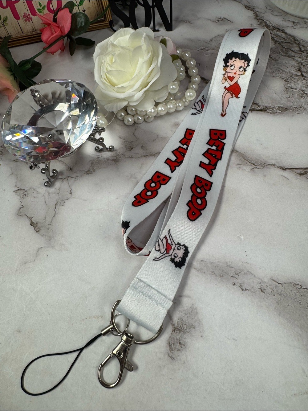 Betty Boop White Lanyard Strap with Red Logo and Character